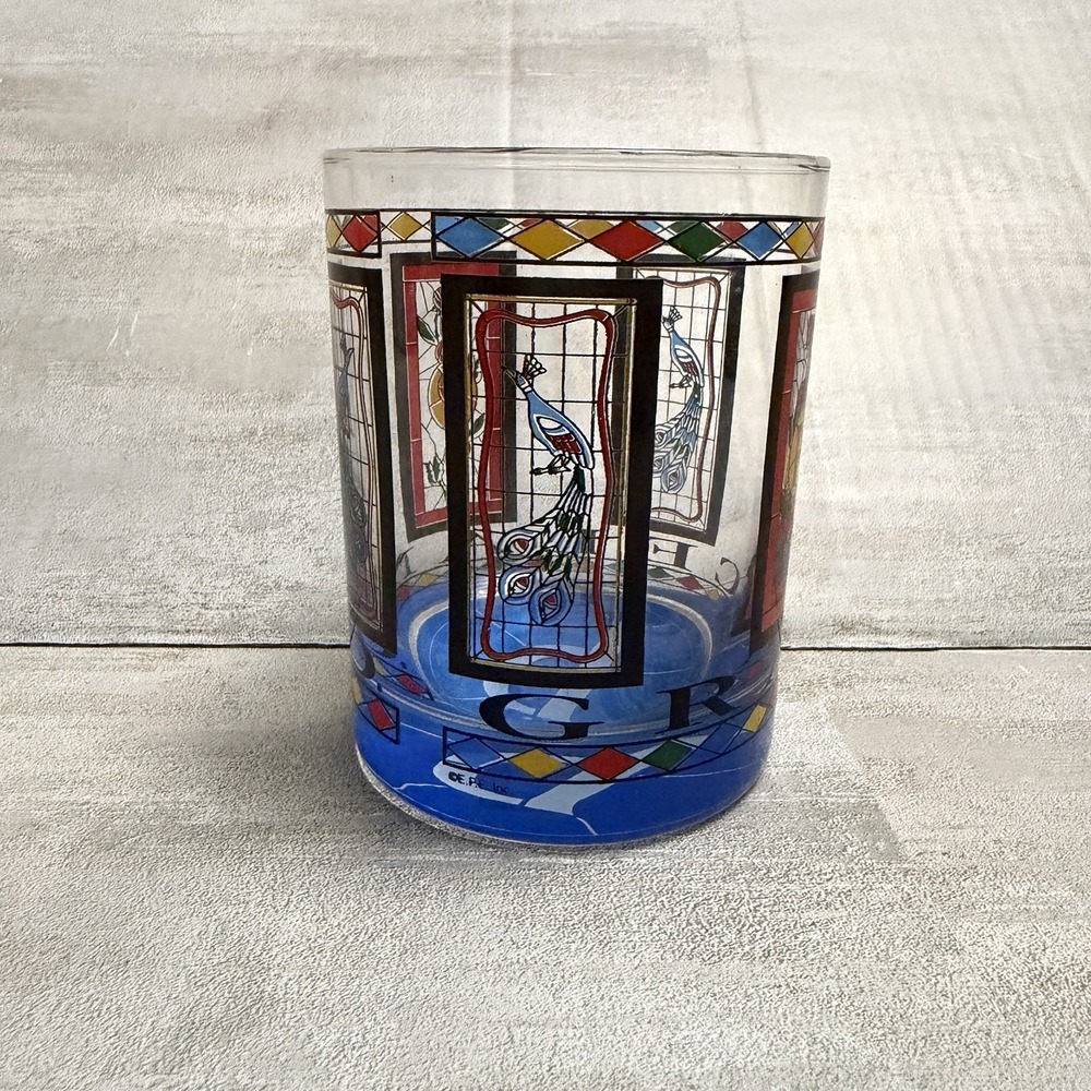 Graceland Elvis Presley Stained Glass Peacock Souvenir Whiskey Low Ball Glass